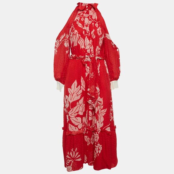 Fendi Red Floral Print Brocade Mock Neck Maxi Dress S